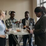 Profissionais conversam e trocam ideias durante um intervalo de evento empresarial em ambiente interno