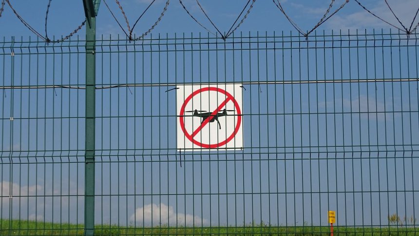 Placa de proibido voar drones afixada em uma cerca de arame farpado.